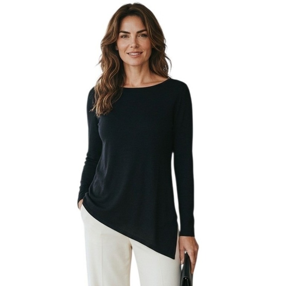 Eileen Fisher Asymmetrical Hem Ballet‎ Neck Womens Size Small Knit Classy Top